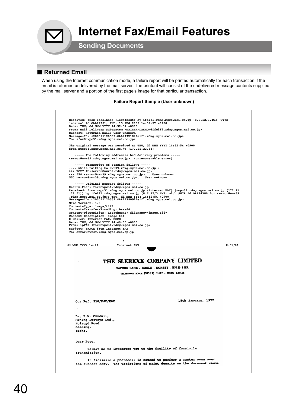 Returned email, Internet fax/email features, Sending documents | Panasonic UF-8000 User Manual | Page 40 / 126