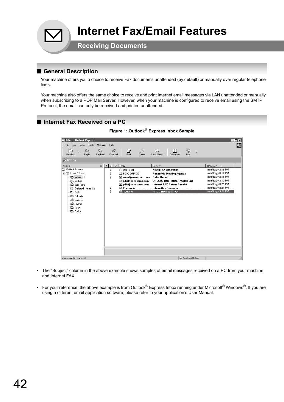 Internet fax/email features, Receiving documents, General description | Internet fax received on a pc | Panasonic UF-8000 User Manual | Page 42 / 126