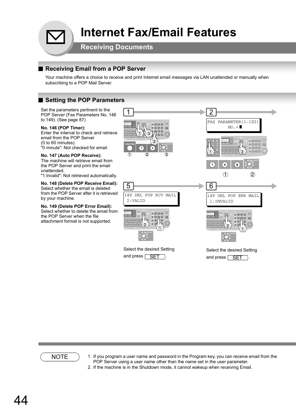 Receiving email from a pop server, Setting the pop parameters, Internet fax/email features | Receiving documents | Panasonic UF-8000 User Manual | Page 44 / 126