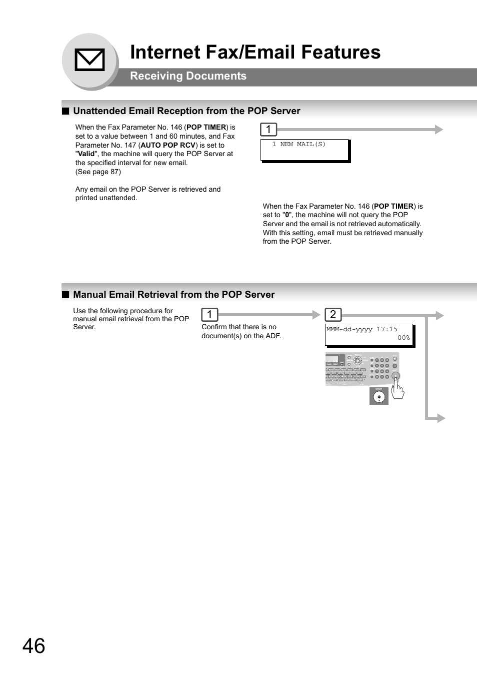 Unattended email reception from the pop server, Manual email retrieval from the pop server, Internet fax/email features | Panasonic UF-8000 User Manual | Page 46 / 126