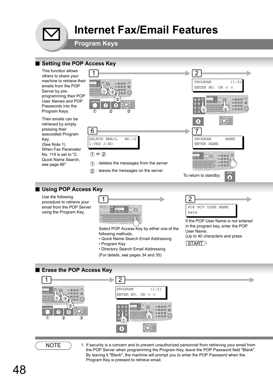 Program keys, Setting the pop access key, Using pop access key | Erase the pop access key, Internet fax/email features | Panasonic UF-8000 User Manual | Page 48 / 126