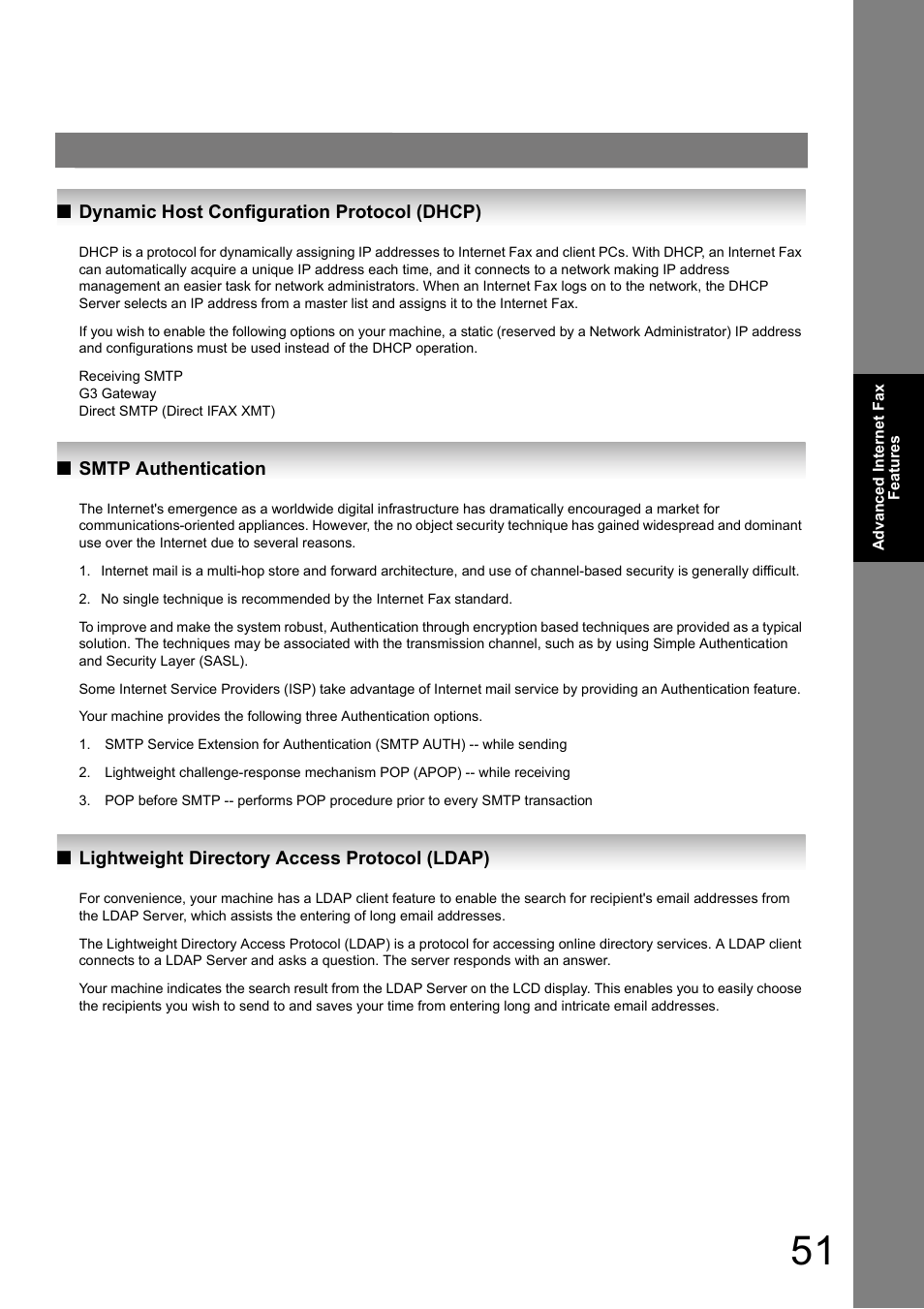 Dynamic host configuration protocol (dhcp), Smtp authentication, Lightweight directory access protocol (ldap) | Panasonic UF-8000 User Manual | Page 51 / 126