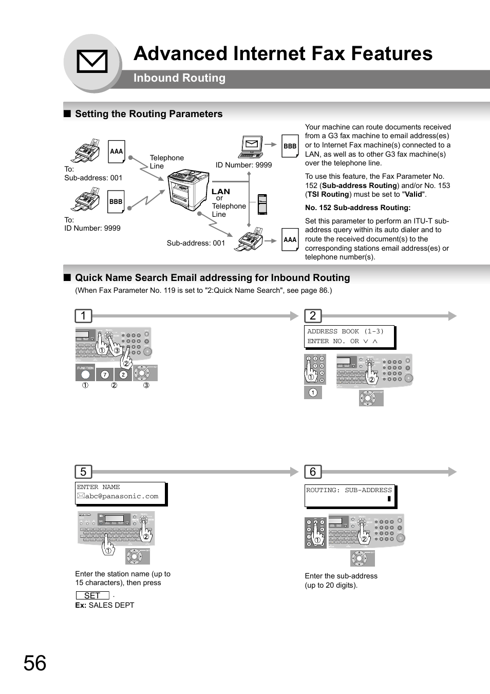 Inbound routing, Setting the routing parameters, Advanced internet fax features | Panasonic UF-8000 User Manual | Page 56 / 126