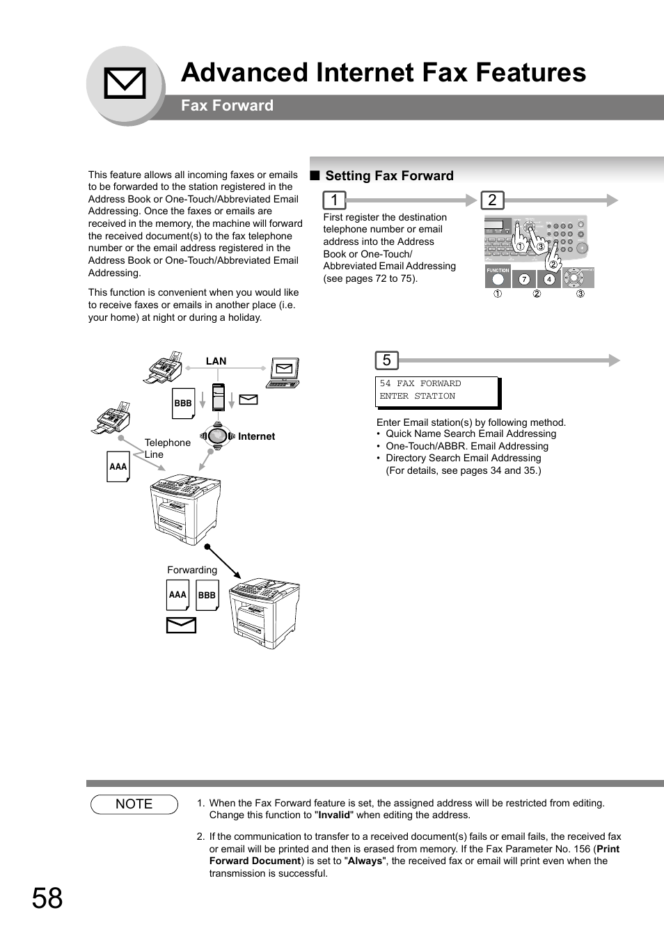 Fax forward, Setting fax forward, Advanced internet fax features | Panasonic UF-8000 User Manual | Page 58 / 126