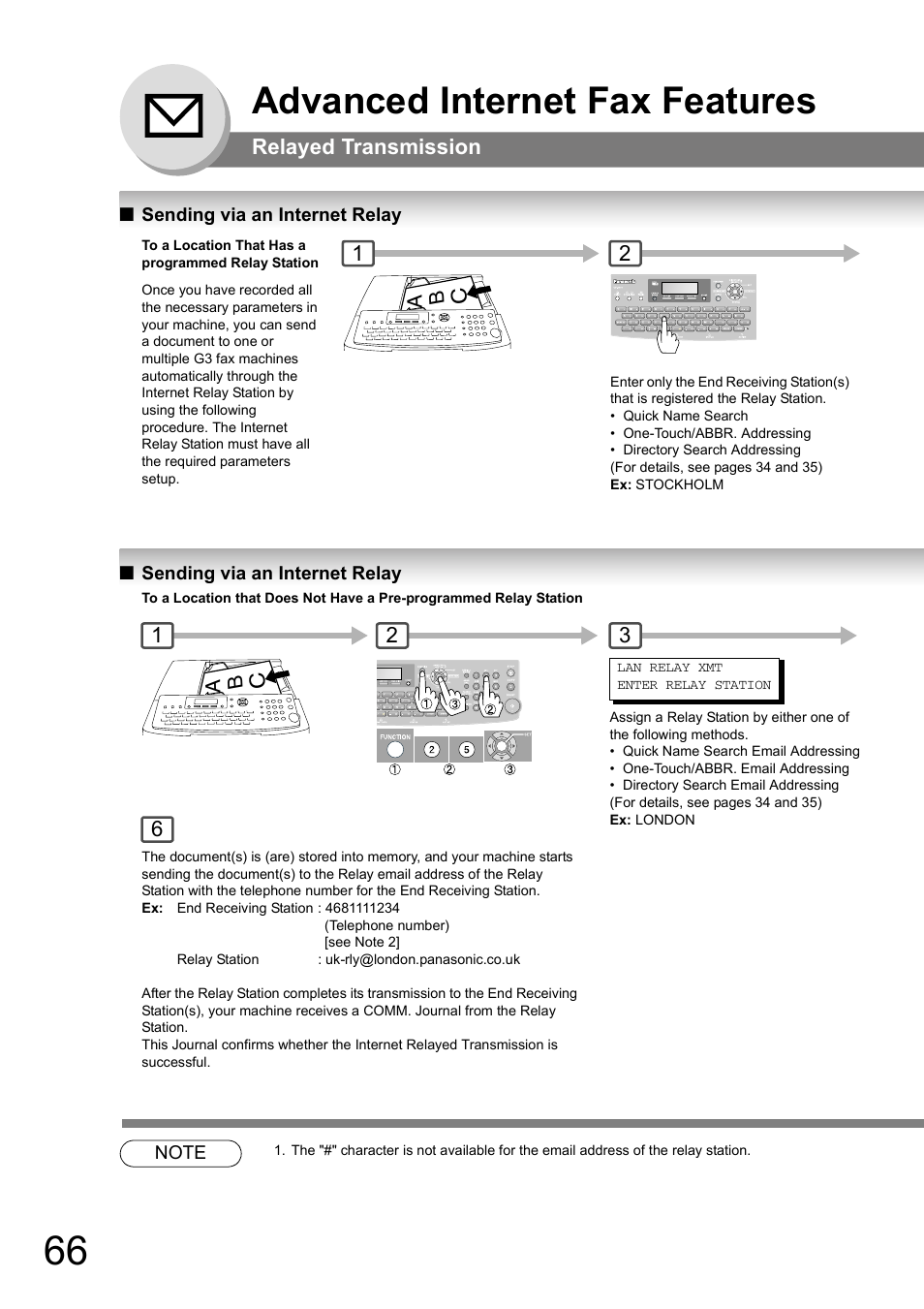 Sending via an internet relay, Advanced internet fax features | Panasonic UF-8000 User Manual | Page 66 / 126