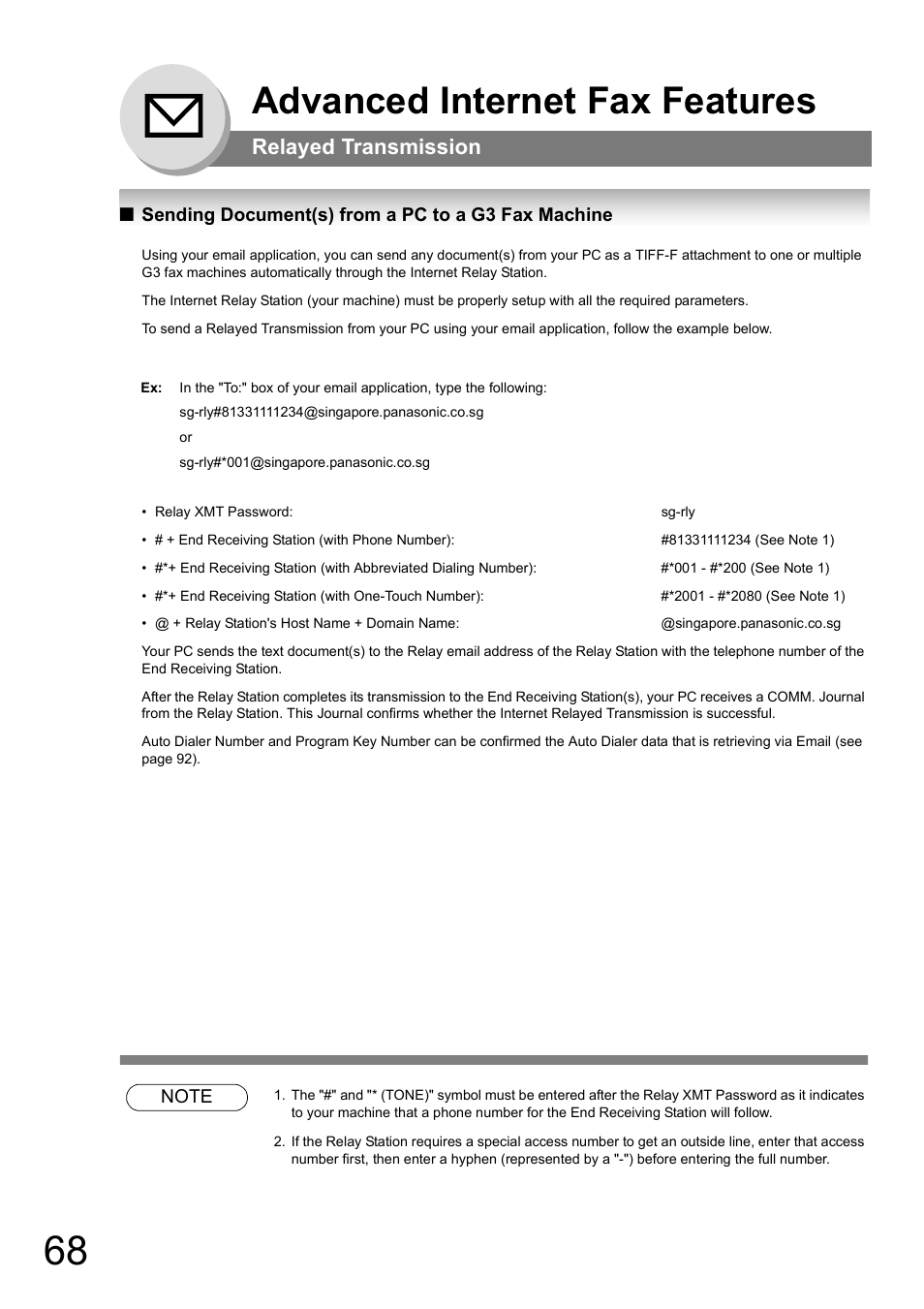 Sending document(s) from a pc to a g3 fax machine, Advanced internet fax features, Relayed transmission | Panasonic UF-8000 User Manual | Page 68 / 126