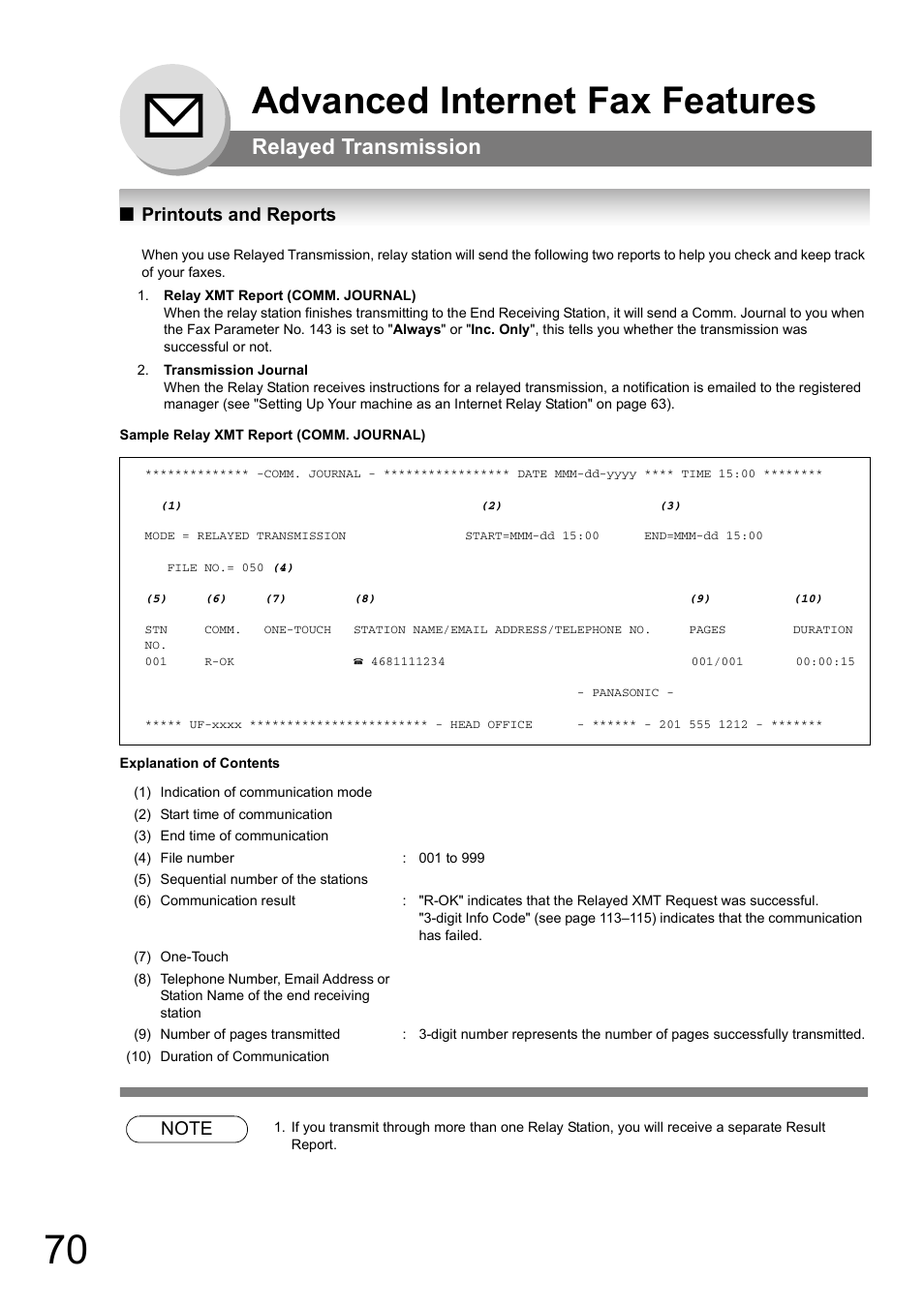 Printouts and reports, Advanced internet fax features, Relayed transmission | Panasonic UF-8000 User Manual | Page 70 / 126