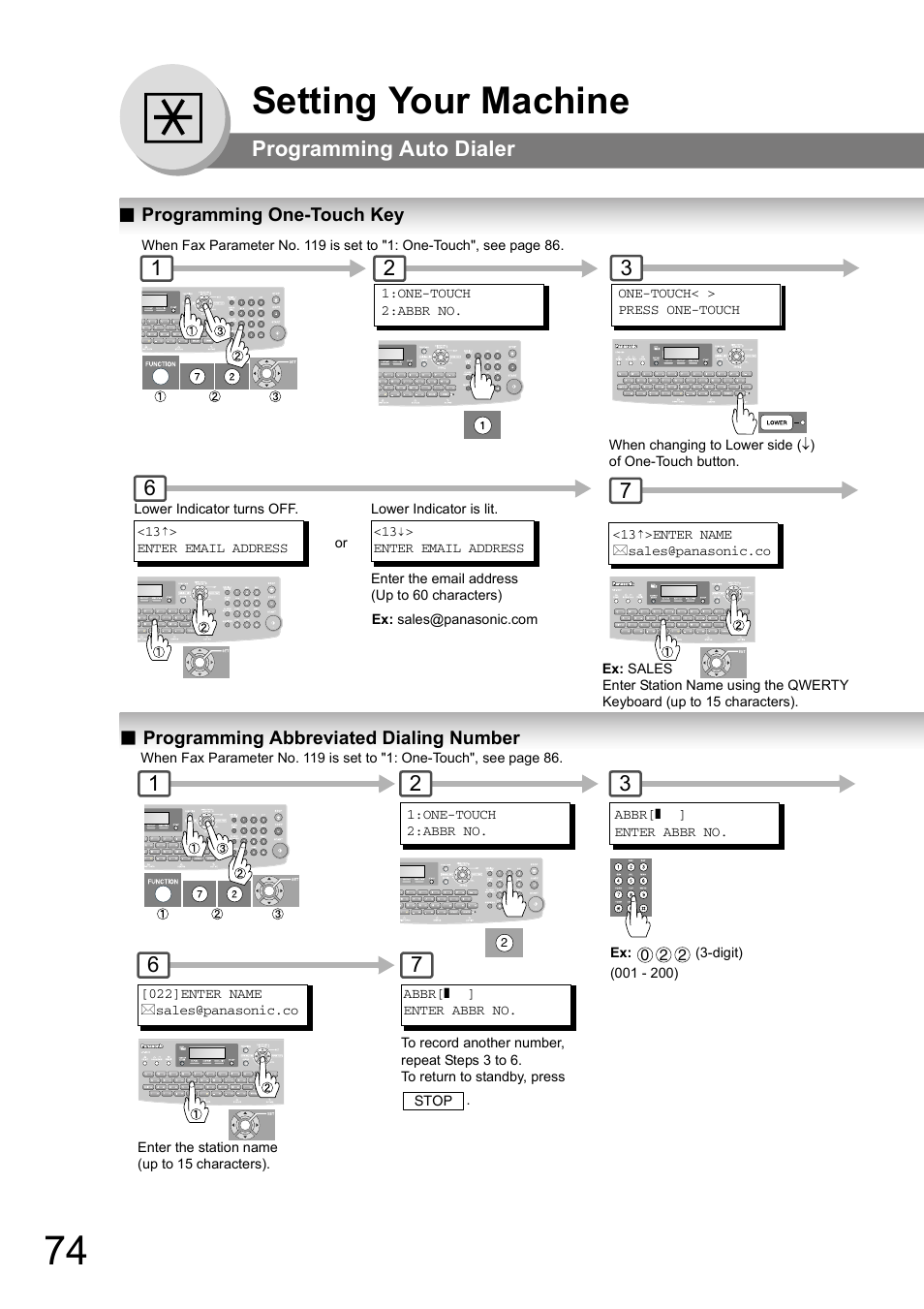 Programming one-touch key, Programming abbreviated dialing number, Setting your machine | Programming auto dialer | Panasonic UF-8000 User Manual | Page 74 / 126
