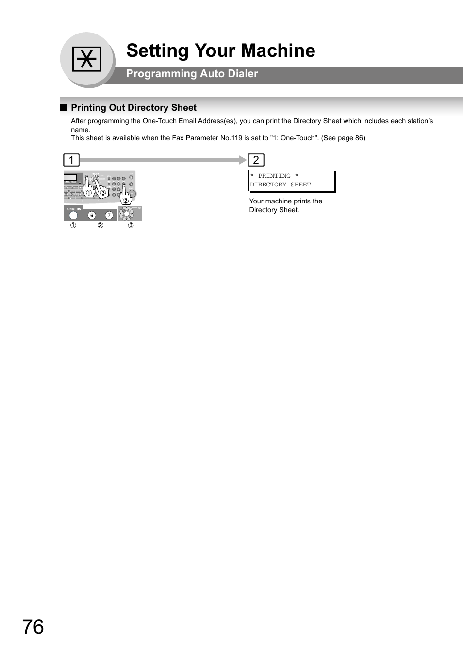 Printing out directory sheet, Setting your machine | Panasonic UF-8000 User Manual | Page 76 / 126