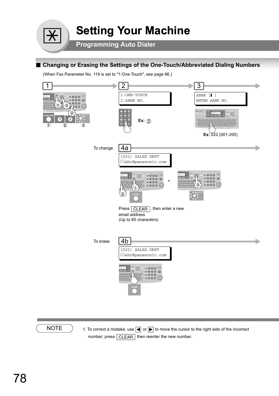 Changing or erasing the settings of the one-touch, Abbreviated dialing numbers, Setting your machine | Programming auto dialer | Panasonic UF-8000 User Manual | Page 78 / 126