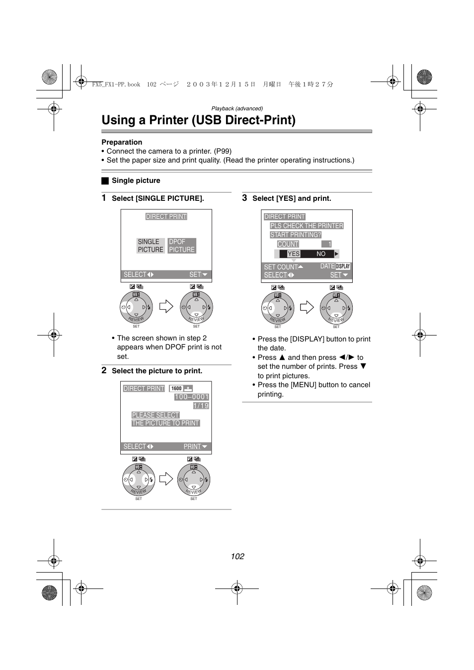 Using a printer ( usb direct-print ), Using a printer (usb direct-print) | Panasonic DMC-FX5PP User Manual | Page 102 / 132