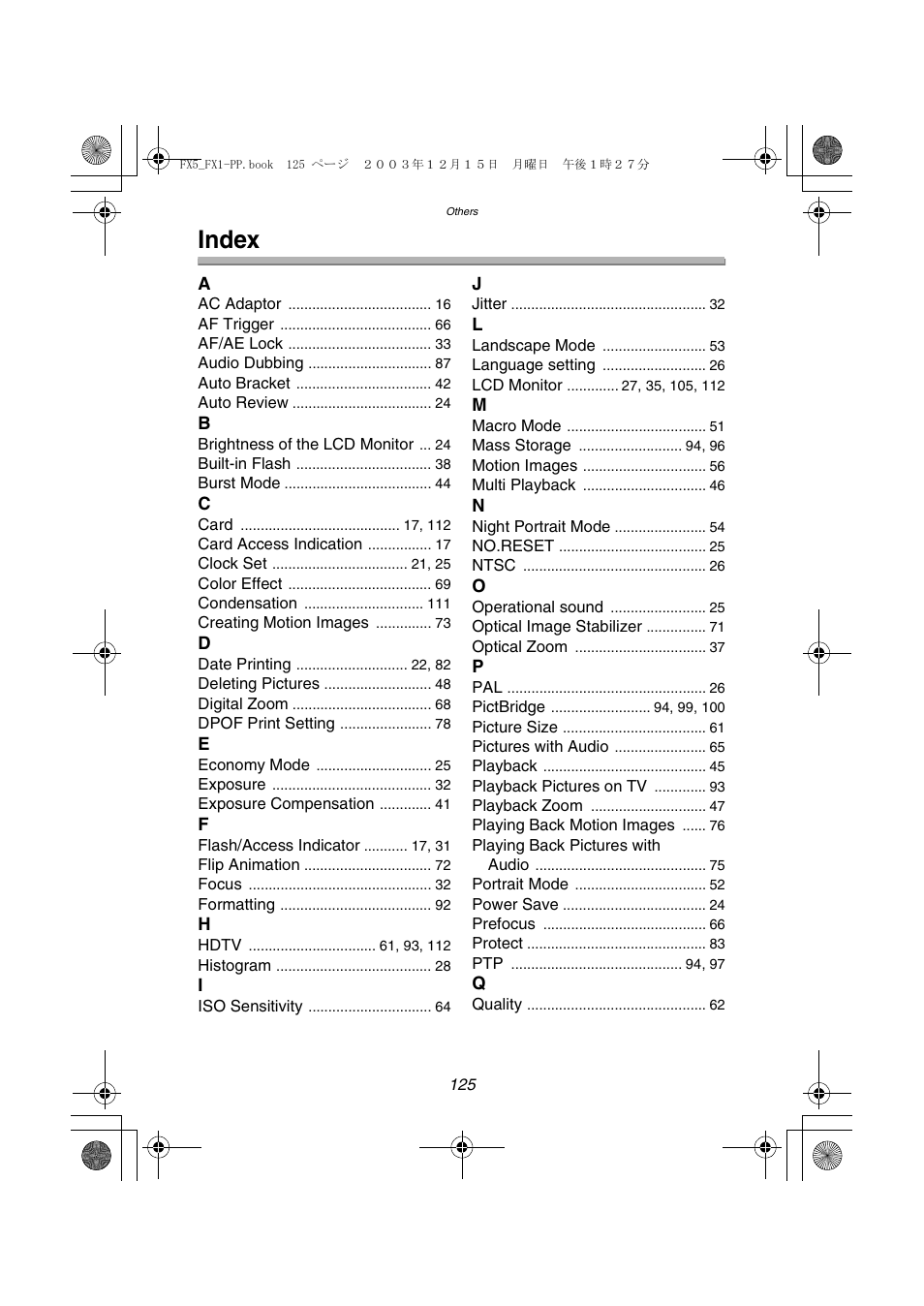 Index | Panasonic DMC-FX5PP User Manual | Page 125 / 132