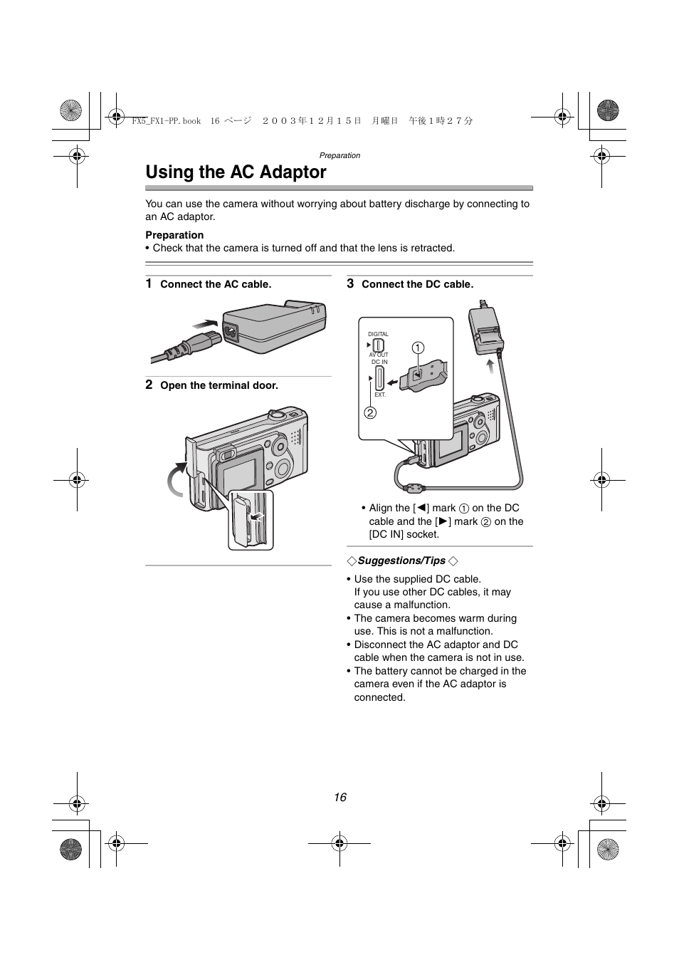 Using the ac adaptor | Panasonic DMC-FX5PP User Manual | Page 16 / 132