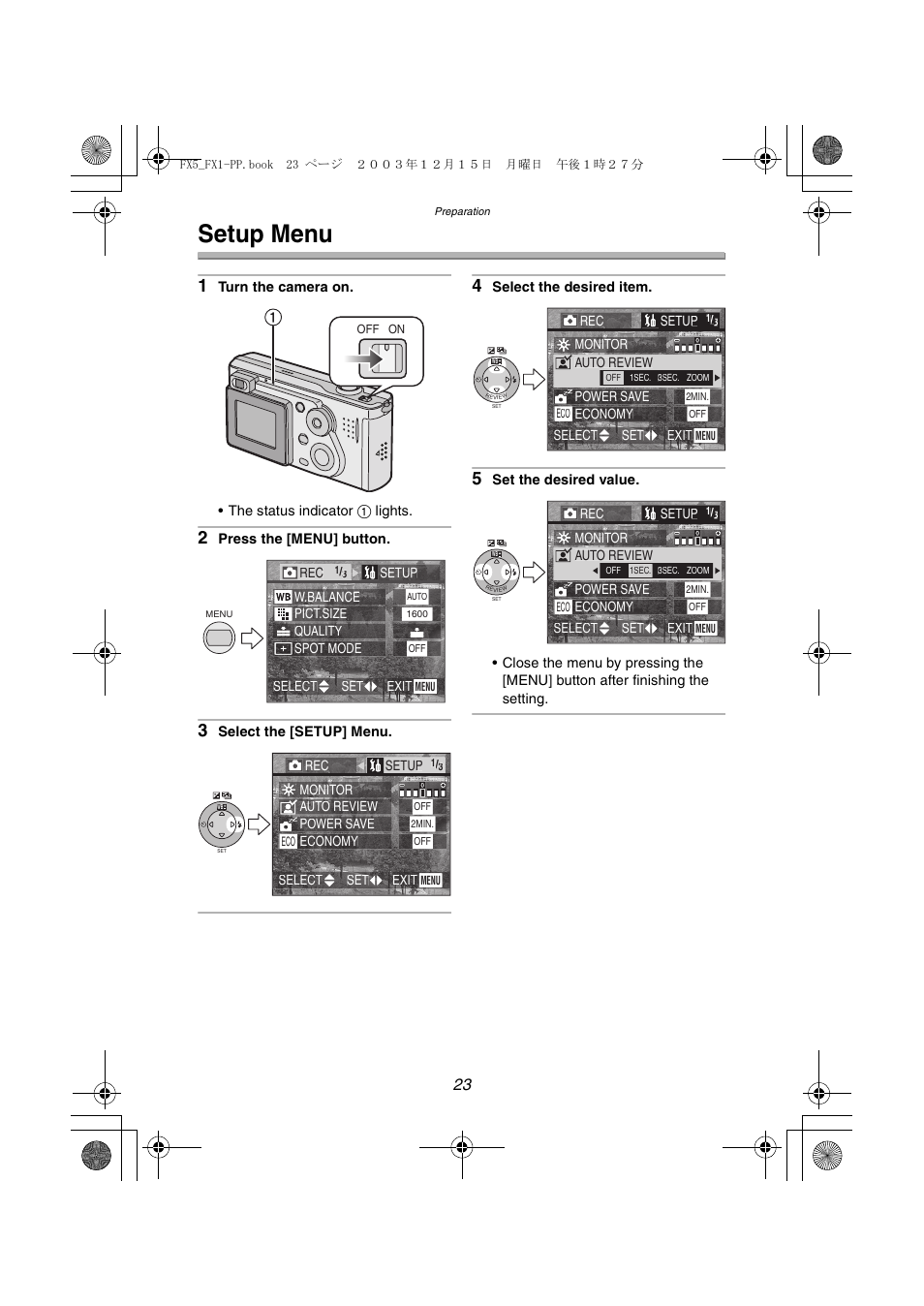 Setup menu | Panasonic DMC-FX5PP User Manual | Page 23 / 132