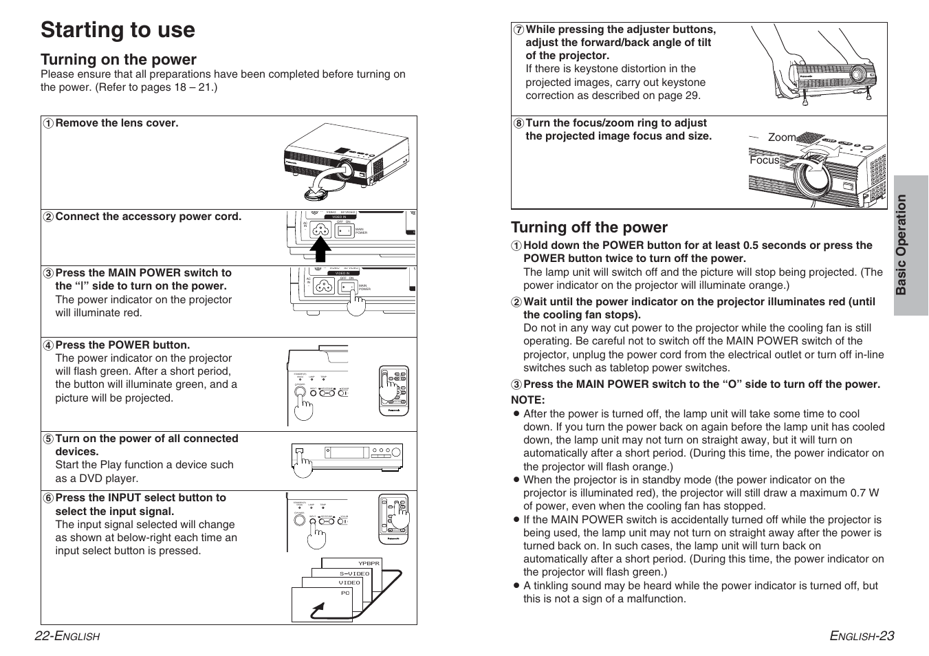 Starting to use, Turning off the power, Turning on the power | Volume, Basic operation e, 23 22-e | Panasonic PT-AE100E User Manual | Page 12 / 27