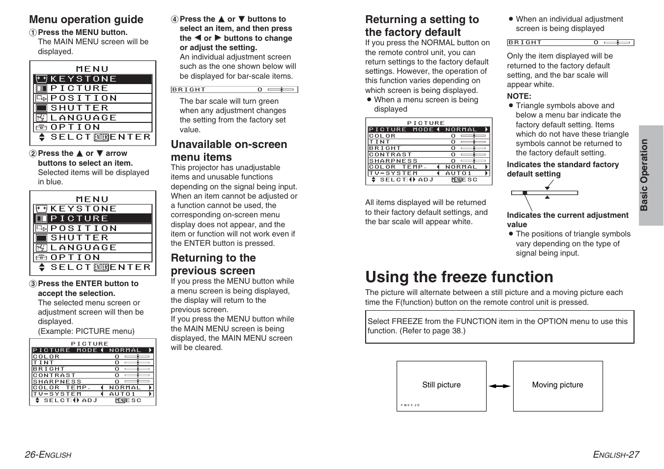 Using the freeze function, Returning a setting to the factory default, Menu operation guide | Unavailable on-screen menu items, Returning to the previous screen | Panasonic PT-AE100E User Manual | Page 14 / 27