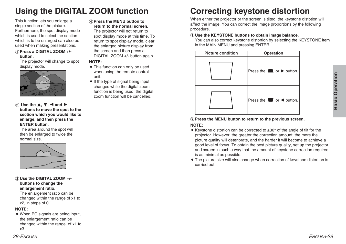 Correcting keystone distortion, Using the digital zoom function | Panasonic PT-AE100E User Manual | Page 15 / 27