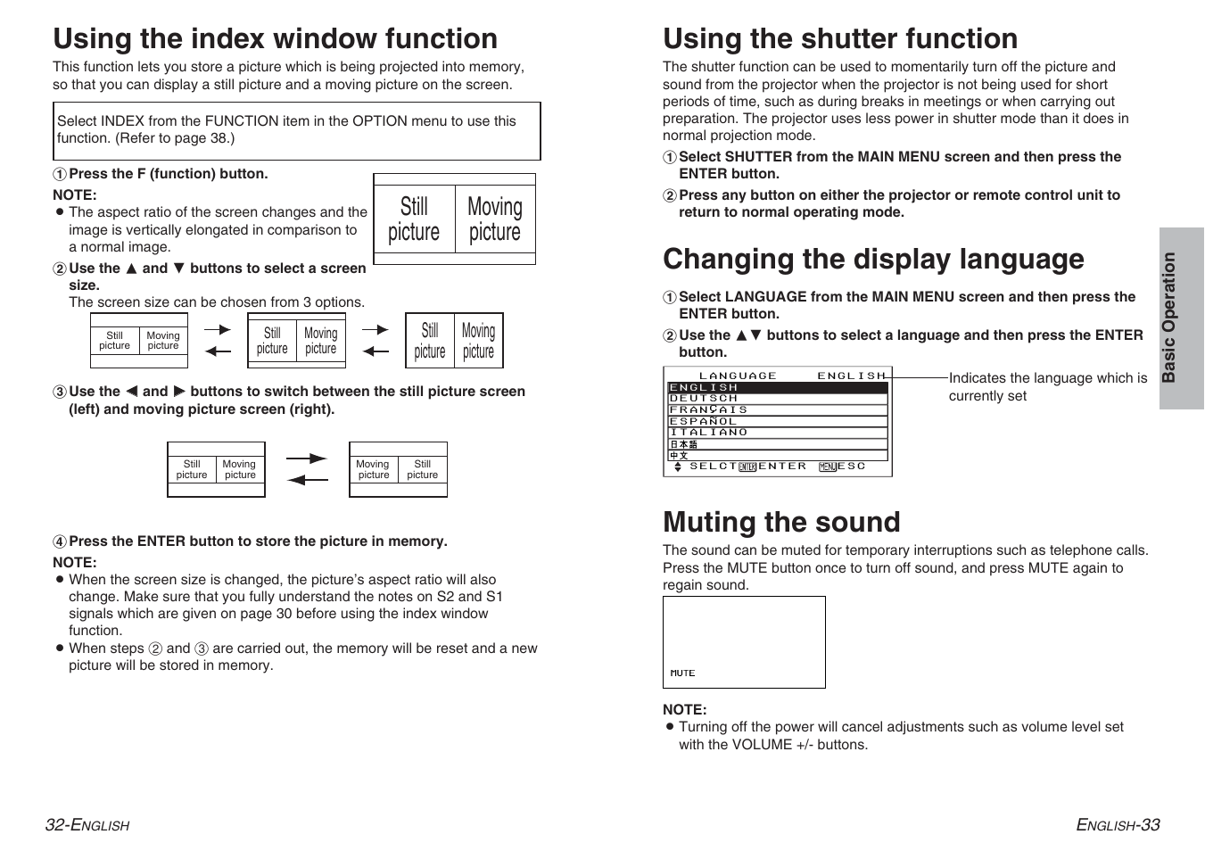 Using the shutter function, Muting the sound, Still picture moving picture | Panasonic PT-AE100E User Manual | Page 17 / 27
