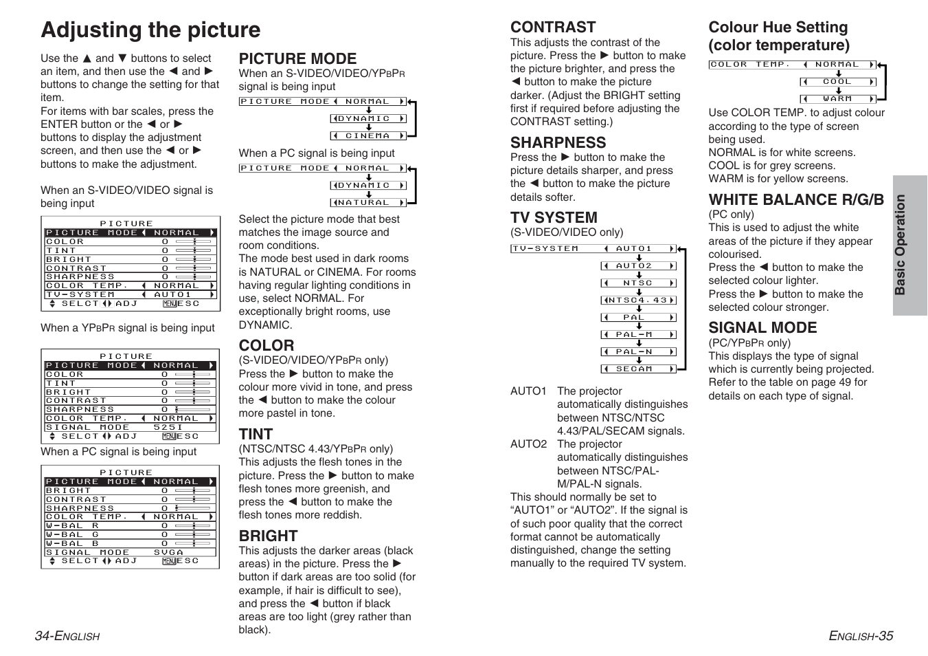 Adjusting the picture, Contrast, Sharpness | Tv system, Colour hue setting (color temperature), White balance r/g/b, Signal mode, Picture mode, Color, Tint | Panasonic PT-AE100E User Manual | Page 18 / 27