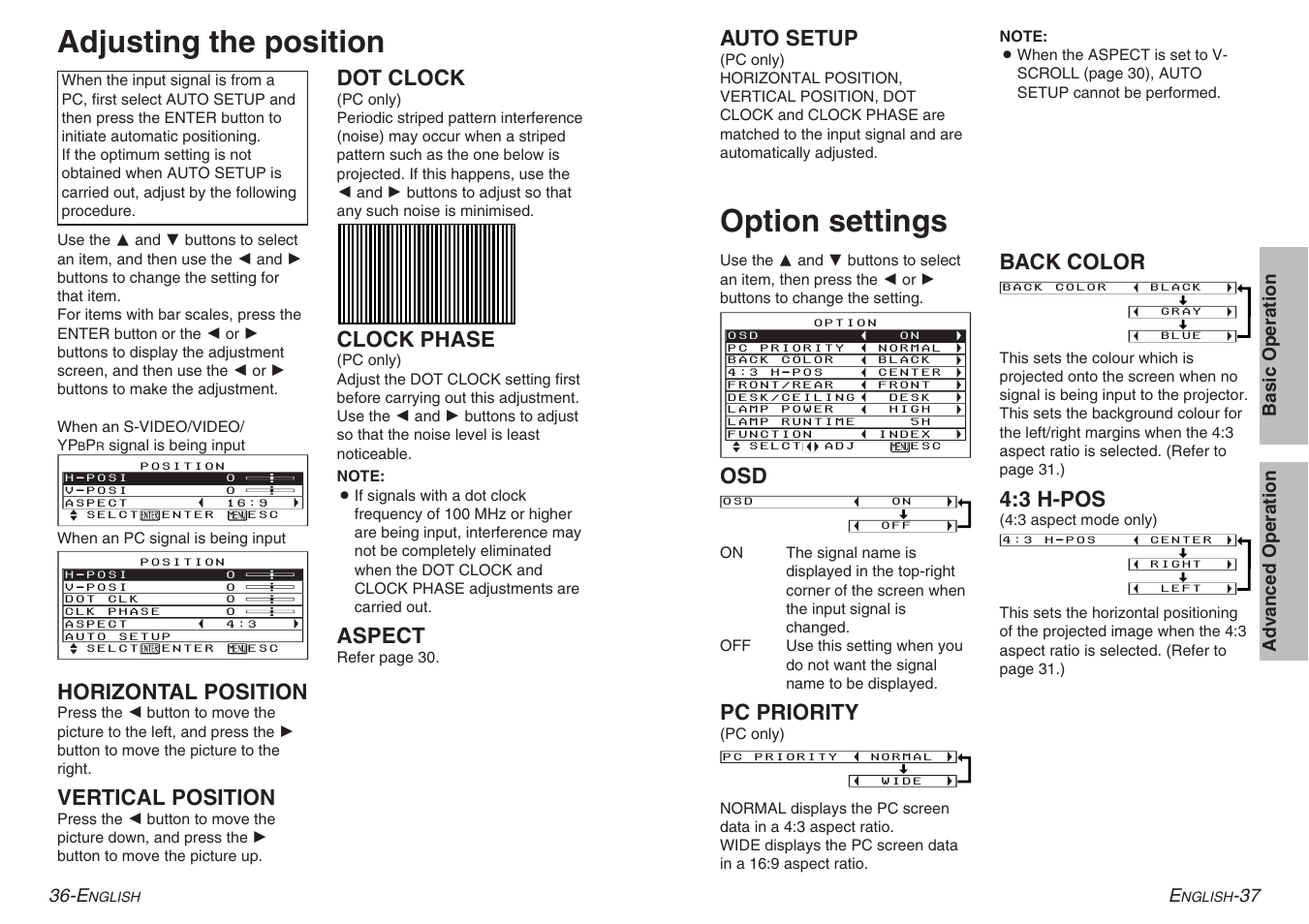 Option settings, Adjusting the position, Pc priority | Back color, 3 h-pos, Horizontal position, Vertical position, Dot clock, Clock phase, Aspect | Panasonic PT-AE100E User Manual | Page 19 / 27