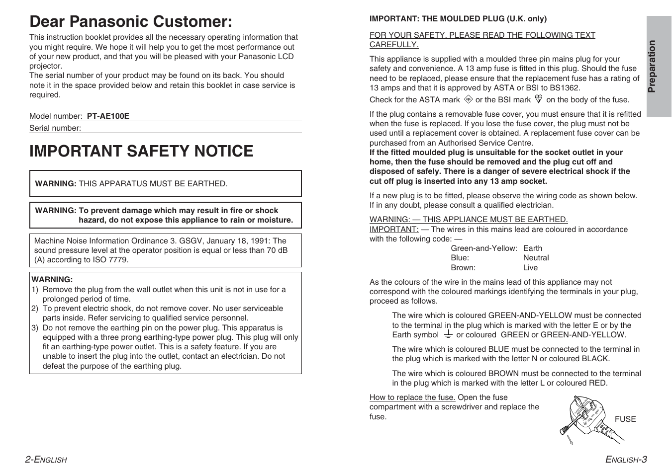 Important safety notice, Dear panasonic customer | Panasonic PT-AE100E User Manual | Page 2 / 27