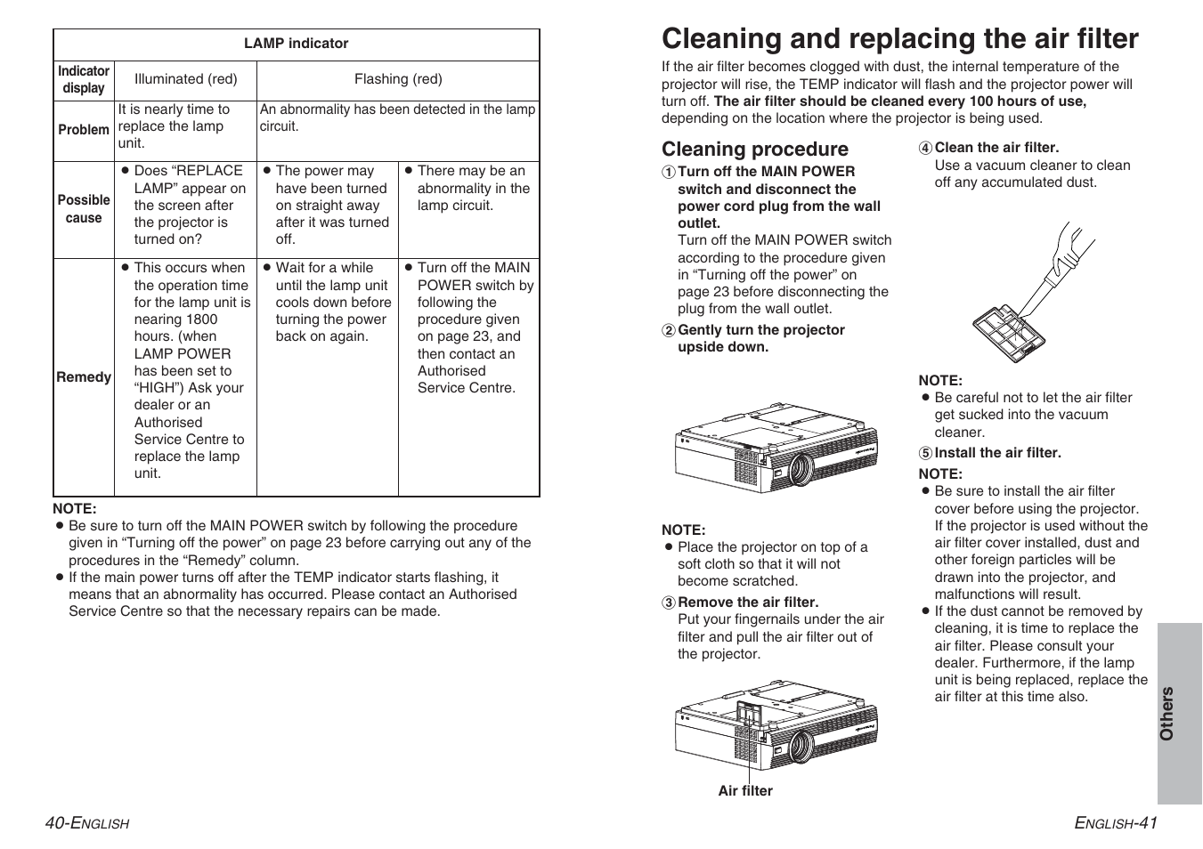 Cleaning and replacing the air filter, Cleaning procedure | Panasonic PT-AE100E User Manual | Page 21 / 27