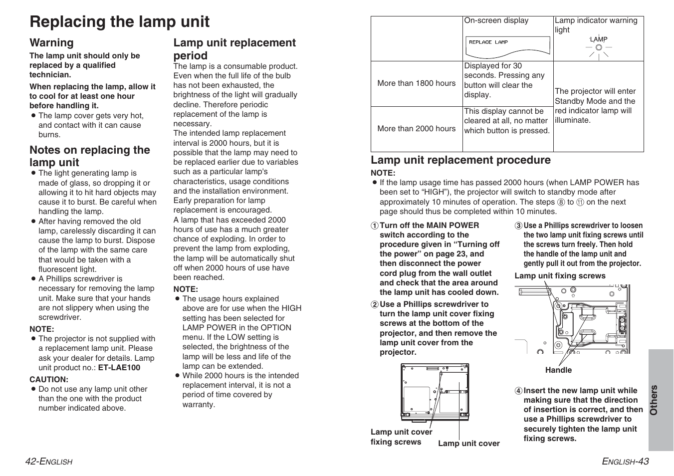 Replacing the lamp unit | Panasonic PT-AE100E User Manual | Page 22 / 27