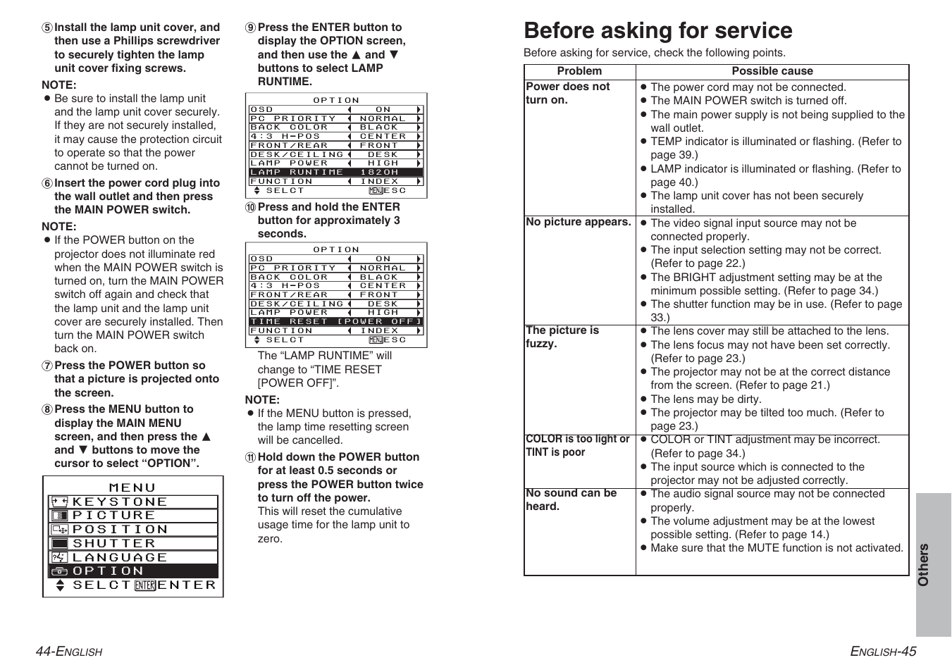 Before asking for service | Panasonic PT-AE100E User Manual | Page 23 / 27