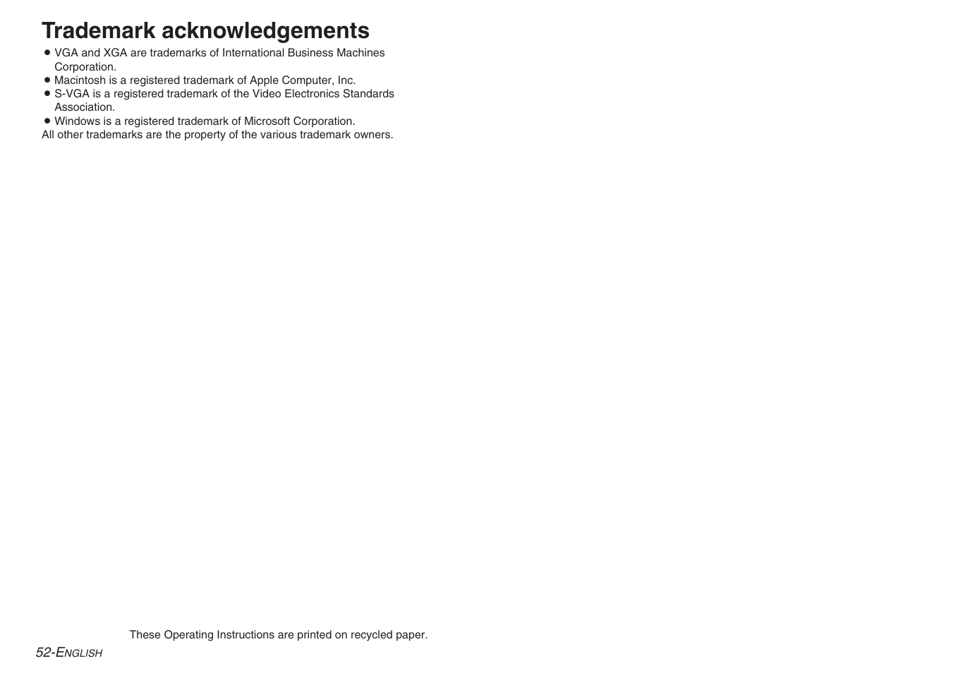 Trademark acknowledgements | Panasonic PT-AE100E User Manual | Page 27 / 27