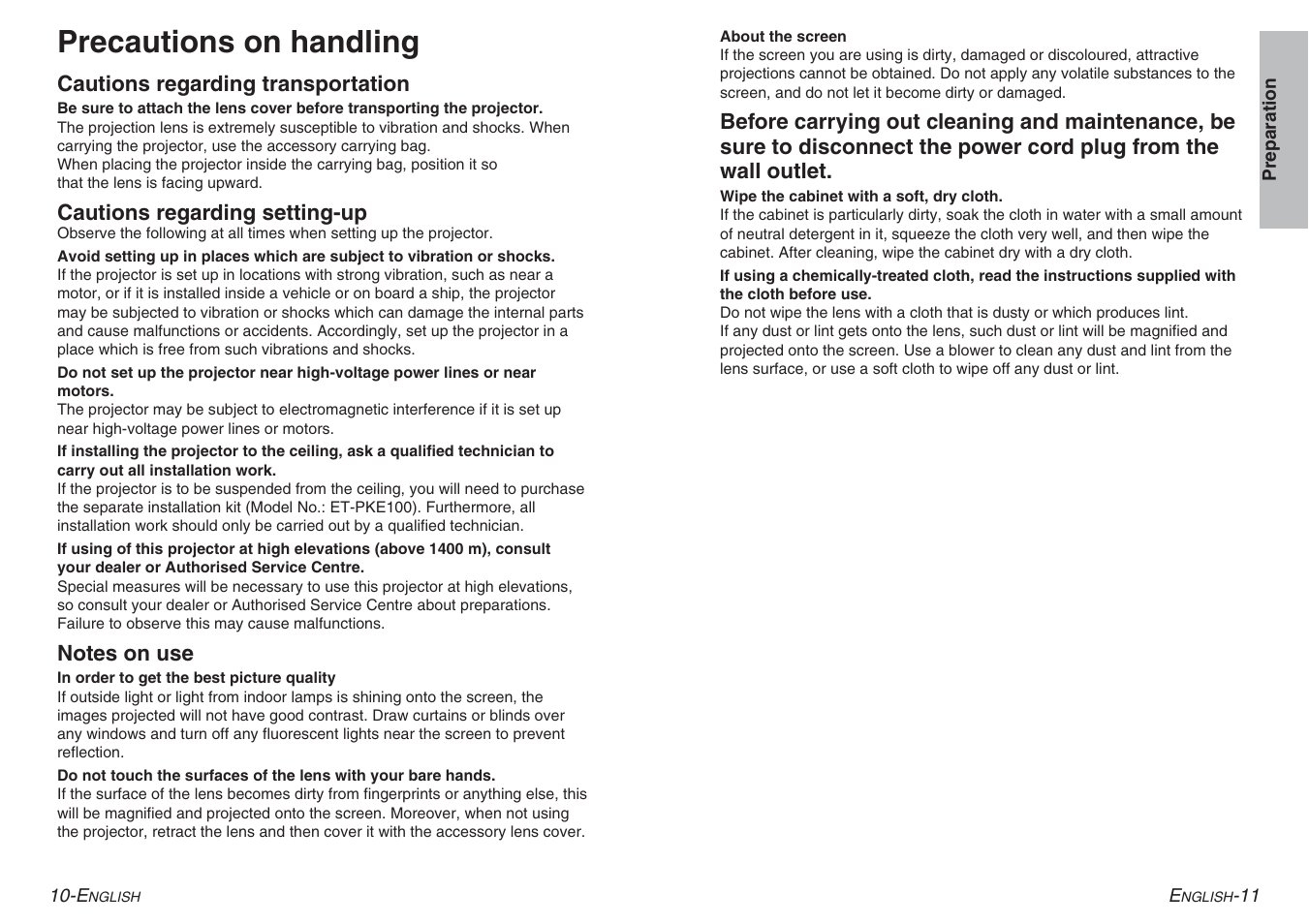 Precautions on handling | Panasonic PT-AE100E User Manual | Page 6 / 27