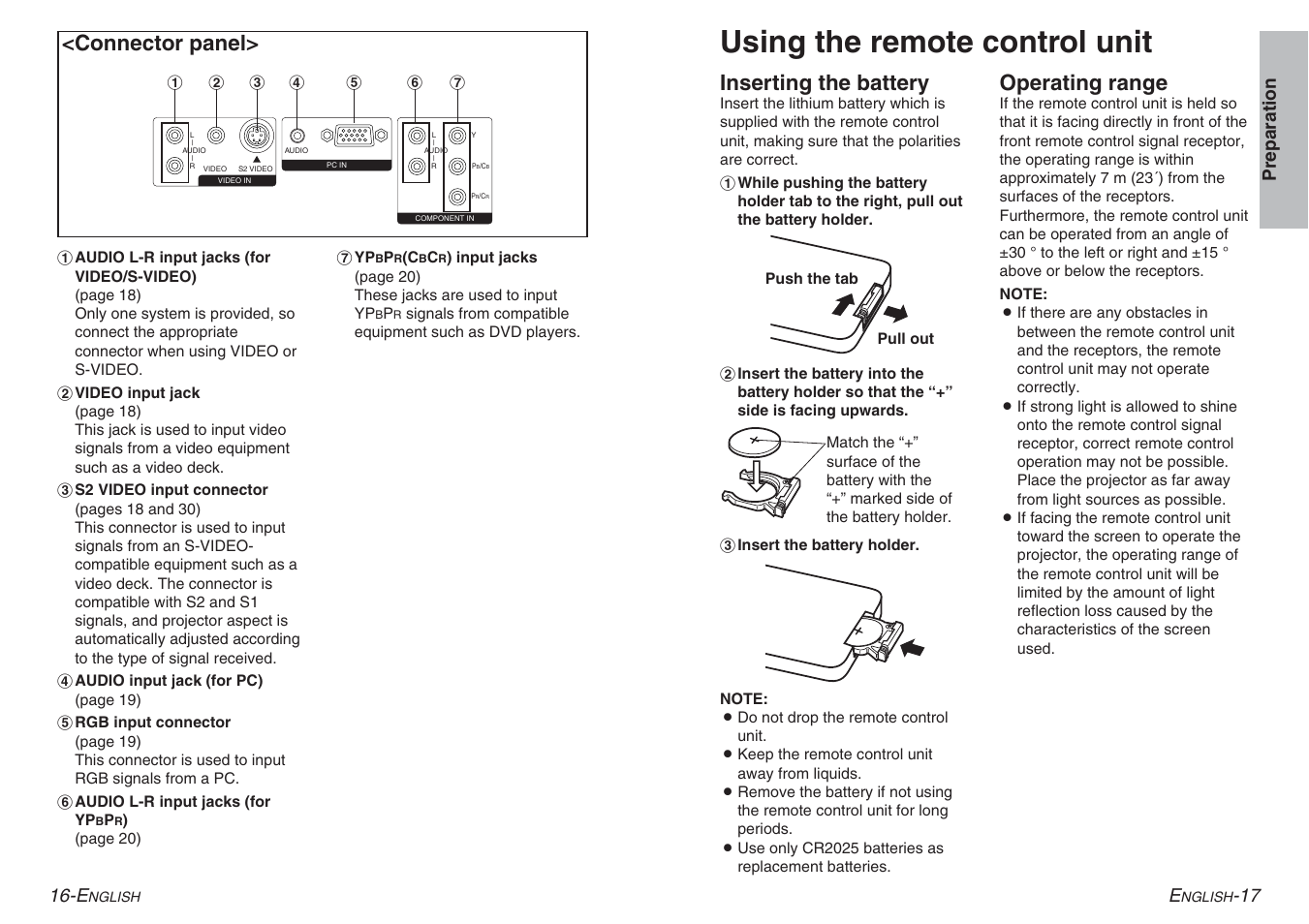 Using the remote control unit, Inserting the battery, Operating range | Connector panel, 17 preparation | Panasonic PT-AE100E User Manual | Page 9 / 27