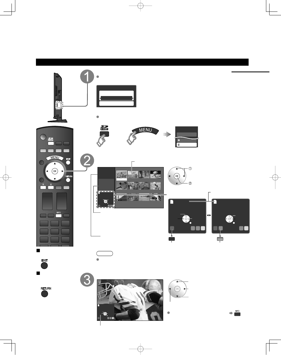 Viewing from sd card, Insert the sd card and select “play sd card now, Press the sd key or select “sd card” on the menu | Select the data to be viewed, View, Photo viewer, Press to exit from a menu screen, Press to return to the previous screen | Panasonic TC-32LZ800 User Manual | Page 18 / 114