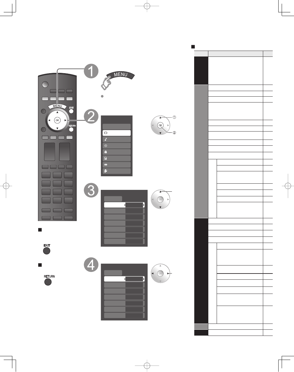 Funciones avanzadas, Cómo utilizar las funciones de los menús, Visualice el menú | Seleccione el menú, Seleccione el elemento, Ajuste ó seleccione | Panasonic TC-32LZ800 User Manual | Page 84 / 114