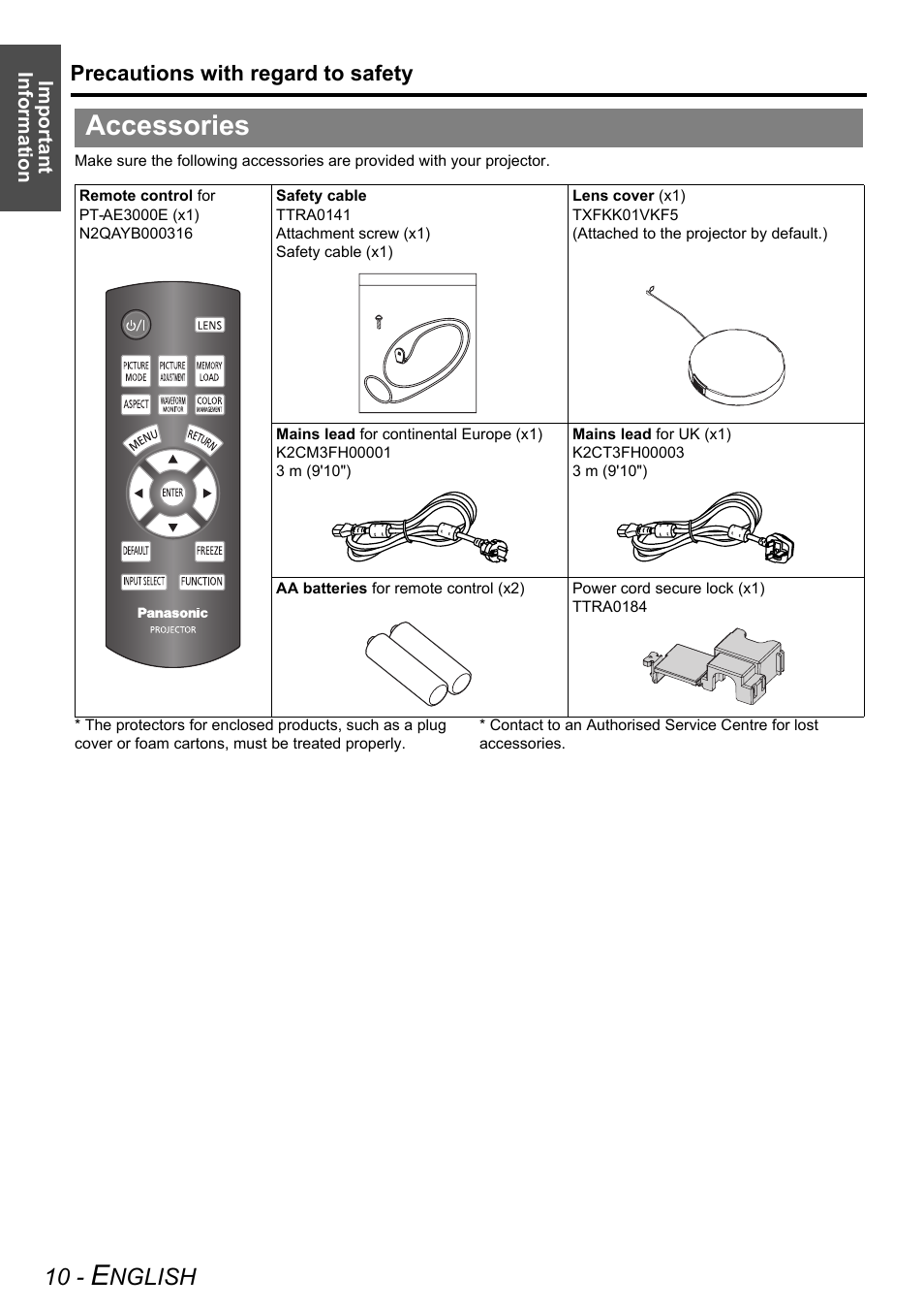 Accessories, Nglish | Panasonic PT-AE3000E User Manual | Page 10 / 60