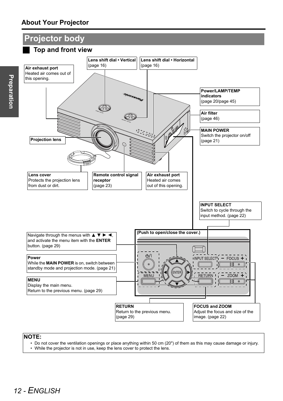 Projector body, Nglish, About your projector | Jtop and front view | Panasonic PT-AE3000E User Manual | Page 12 / 60