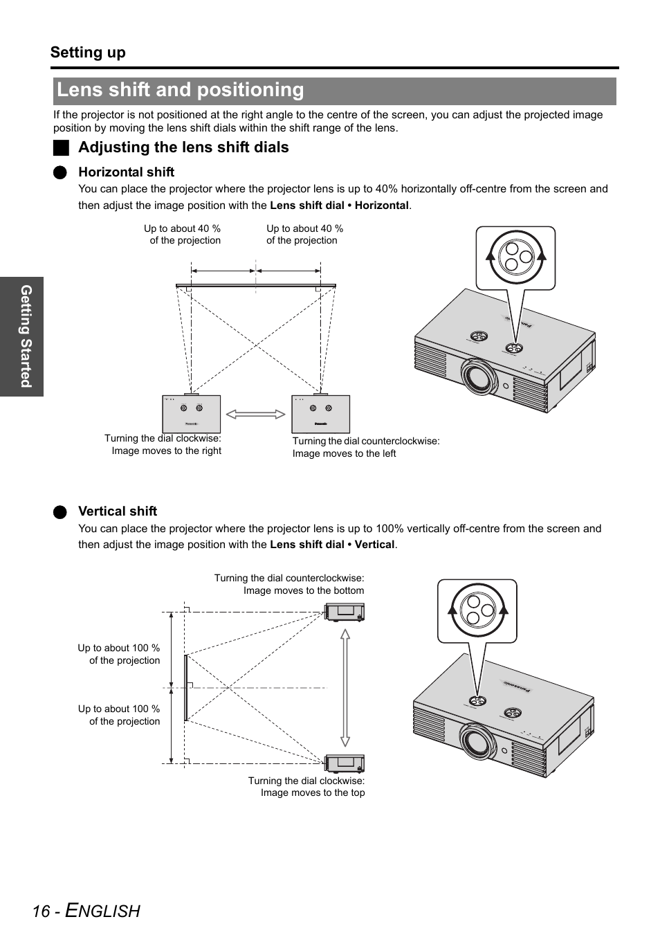 Lens shift and positioning, Nglish, Setting up | Jadjusting the lens shift dials | Panasonic PT-AE3000E User Manual | Page 16 / 60