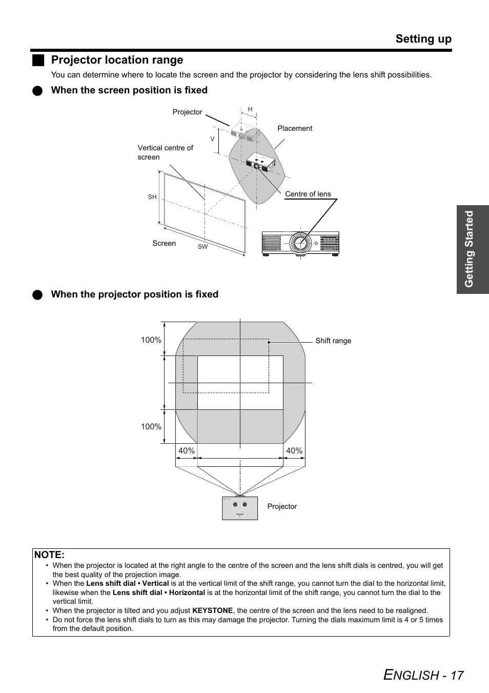 Nglish - 17, Setting up, Jprojector location range | Getting started | Panasonic PT-AE3000E User Manual | Page 17 / 60