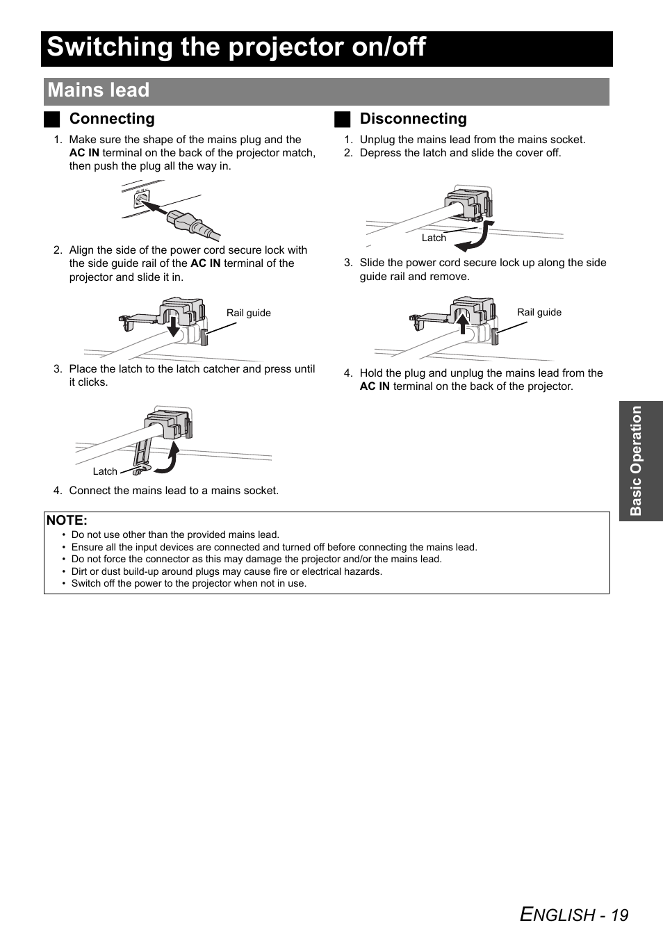 Switching the projector on/off, Mains lead, Nglish - 19 | Jconnecting, Jdisconnecting | Panasonic PT-AE3000E User Manual | Page 19 / 60