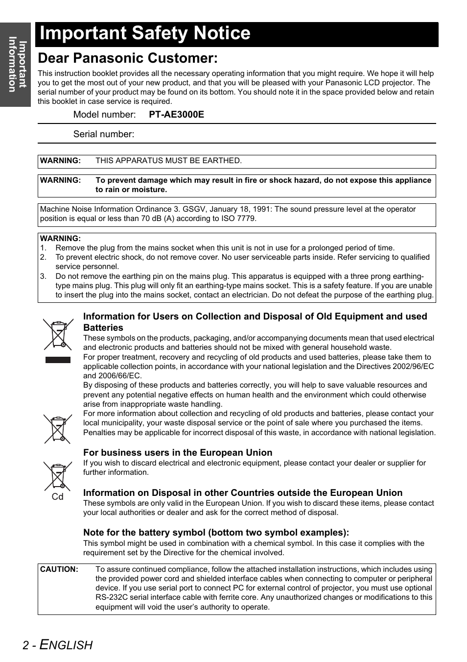 Important safety notice, Dear panasonic customer, Nglish | Panasonic PT-AE3000E User Manual | Page 2 / 60