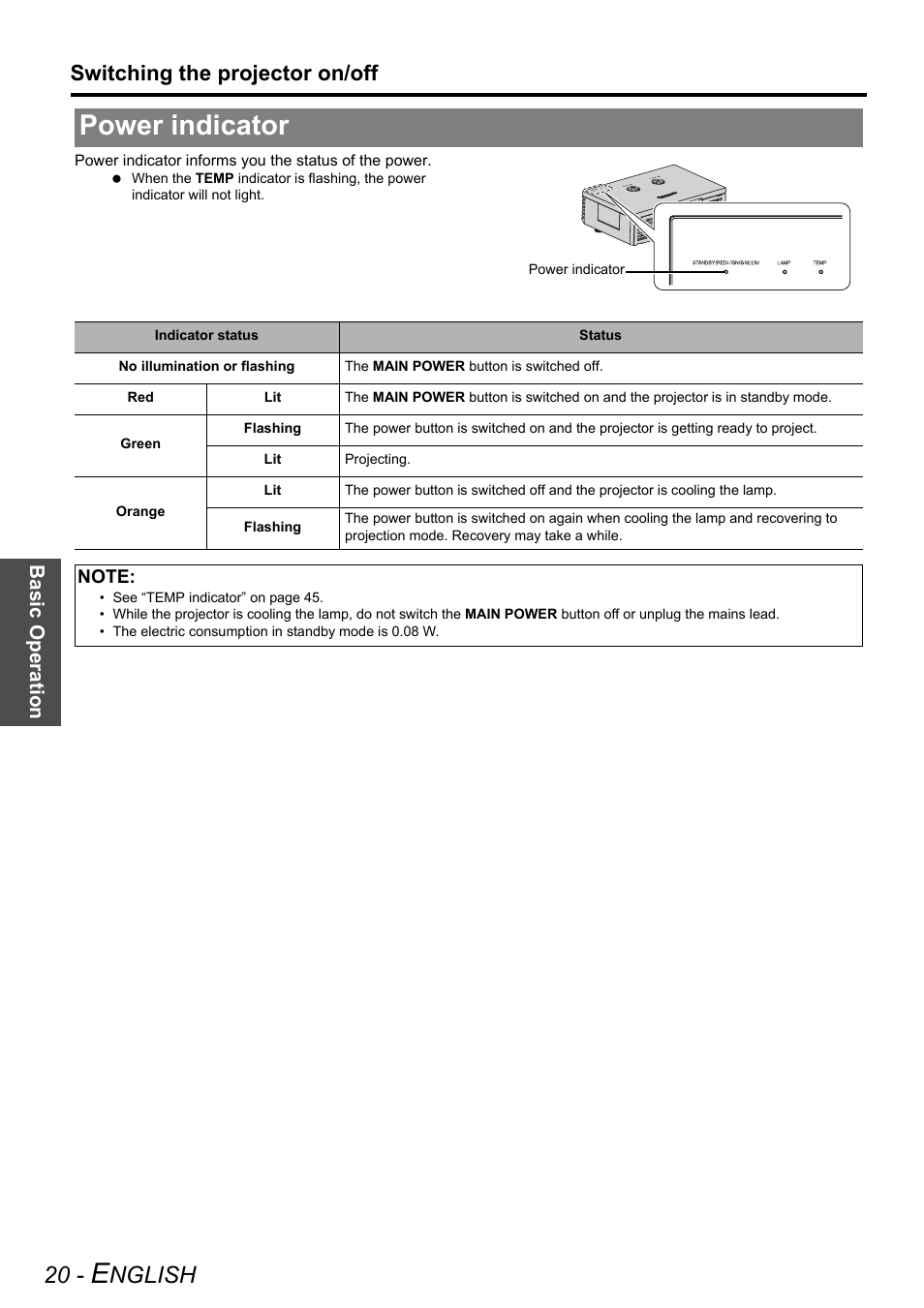 Power indicator, Nglish, Switching the projector on/off | Panasonic PT-AE3000E User Manual | Page 20 / 60