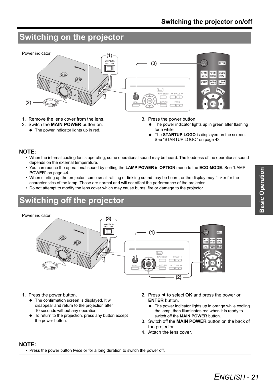 Switching on the projector, Switching off the projector, Nglish - 21 | Switching the projector on/off, Basic o p eration | Panasonic PT-AE3000E User Manual | Page 21 / 60