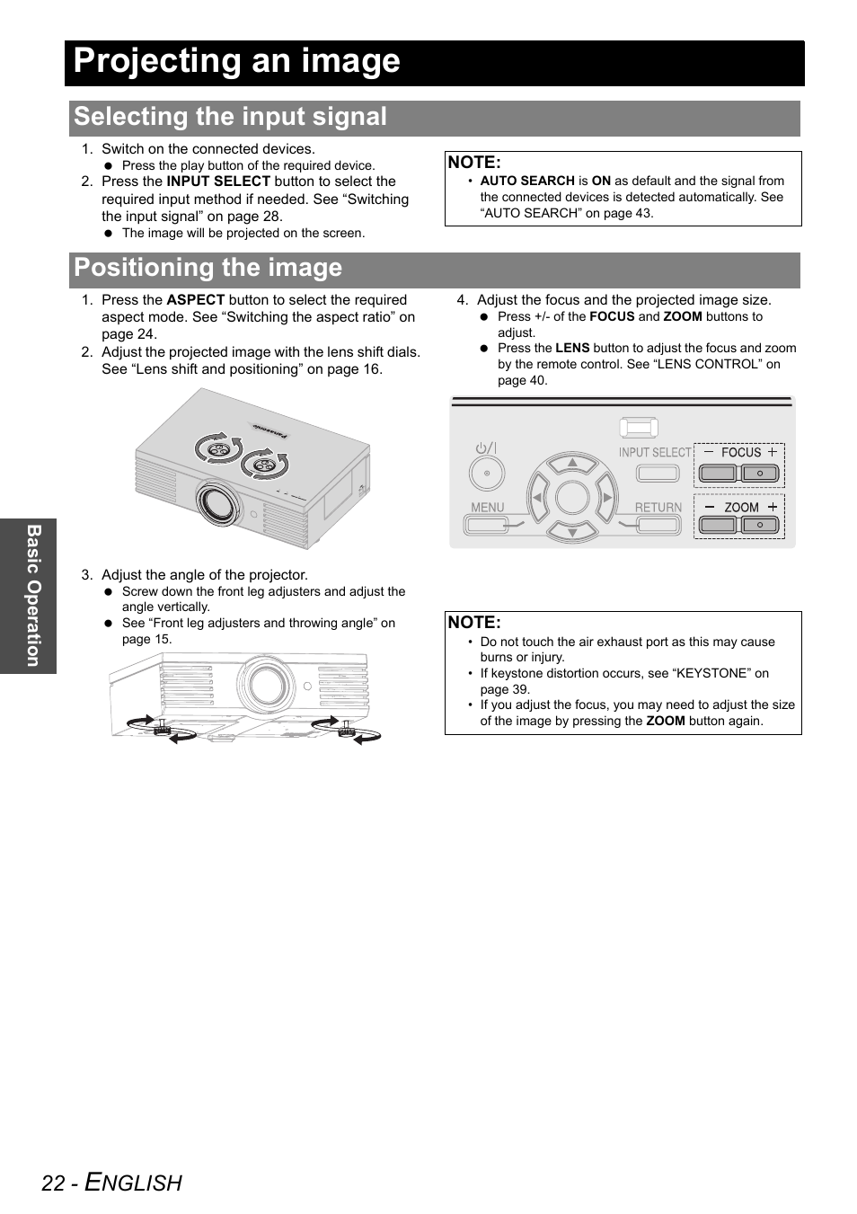 Projecting an image, Selecting the input signal, Positioning the image | Selecting the input signal positioning the image, Nglish | Panasonic PT-AE3000E User Manual | Page 22 / 60