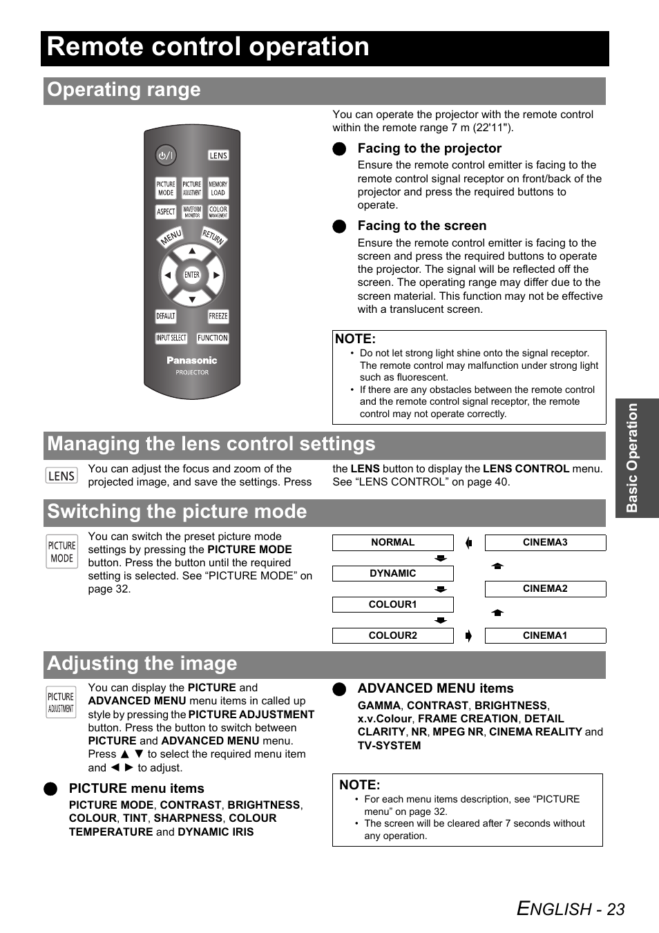 Remote control operation, Operating range, Managing the lens control settings | Switching the picture mode, Adjusting the image, Nglish - 23 | Panasonic PT-AE3000E User Manual | Page 23 / 60
