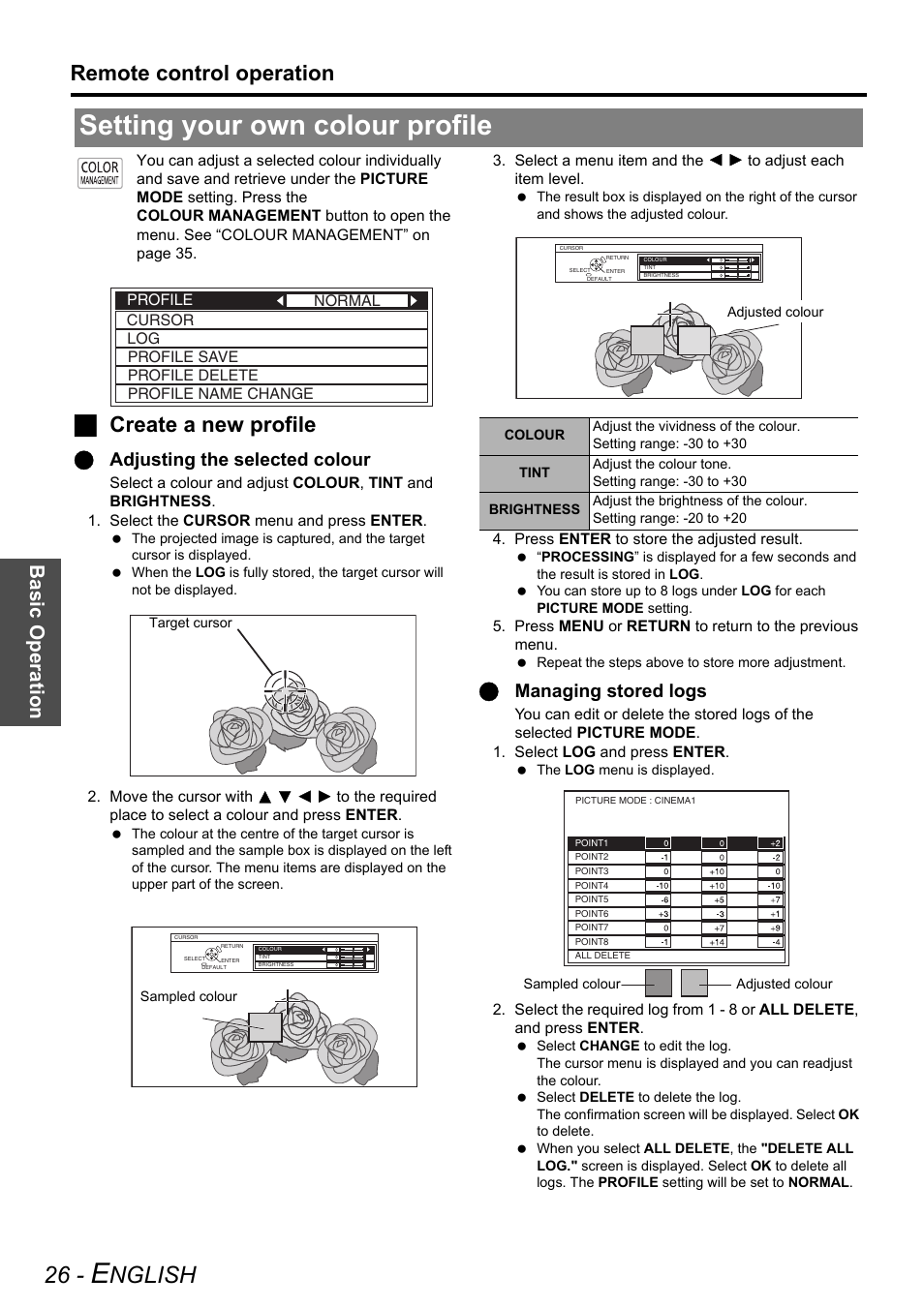 Setting your own colour profile, Nglish, Remote control operation | Jcreate a new profile, Basi c op eration, Qadjusting the selected colour, Qmanaging stored logs | Panasonic PT-AE3000E User Manual | Page 26 / 60