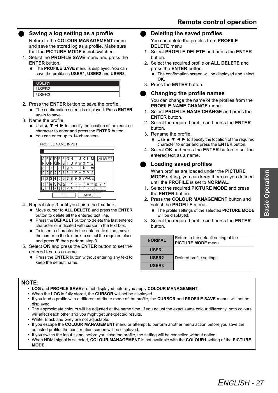 Nglish - 27, Remote control operation, Basic o p eration | Qsaving a log setting as a profile, Qdeleting the saved profiles, Qchanging the profile names, Qloading saved profiles | Panasonic PT-AE3000E User Manual | Page 27 / 60