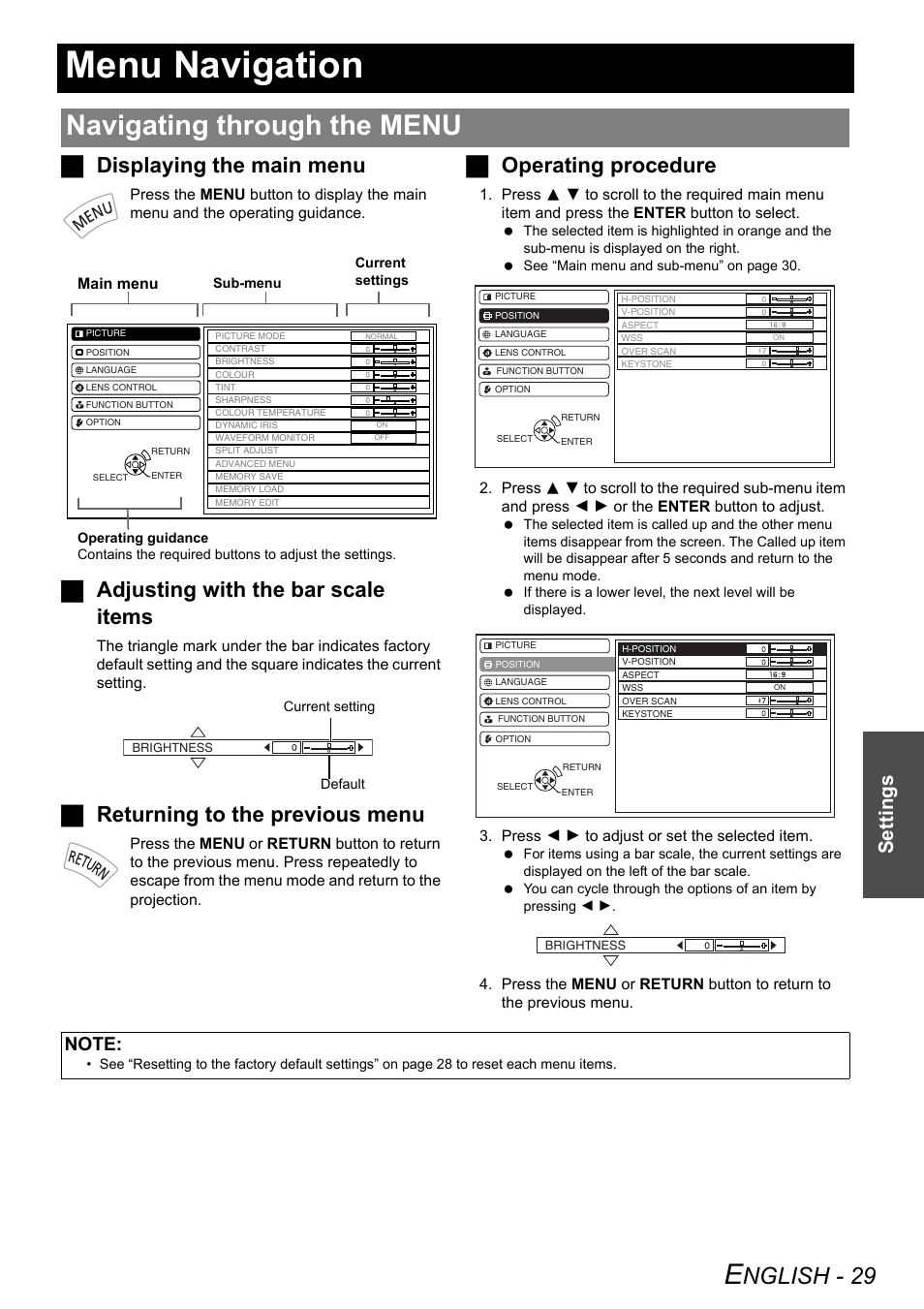 Menu navigation, Navigating through the menu, Nglish - 29 | Jdisplaying the main menu, Jadjusting with the bar scale items, Jreturning to the previous menu, Joperating procedure, Settings | Panasonic PT-AE3000E User Manual | Page 29 / 60
