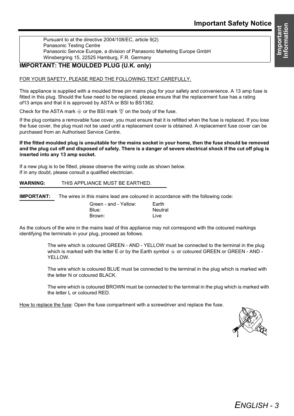 Nglish - 3, Important safety notice, Important information | Important: the moulded plug (u.k. only) | Panasonic PT-AE3000E User Manual | Page 3 / 60