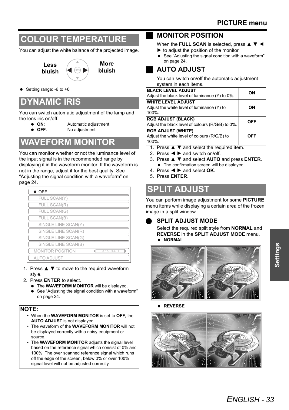 Colour temperature, Dynamic iris, Waveform monitor | Split adjust, Colour temperature dynamic iris waveform monitor, Nglish - 33, Picture menu, Jmonitor position, Jauto adjust, Settings | Panasonic PT-AE3000E User Manual | Page 33 / 60