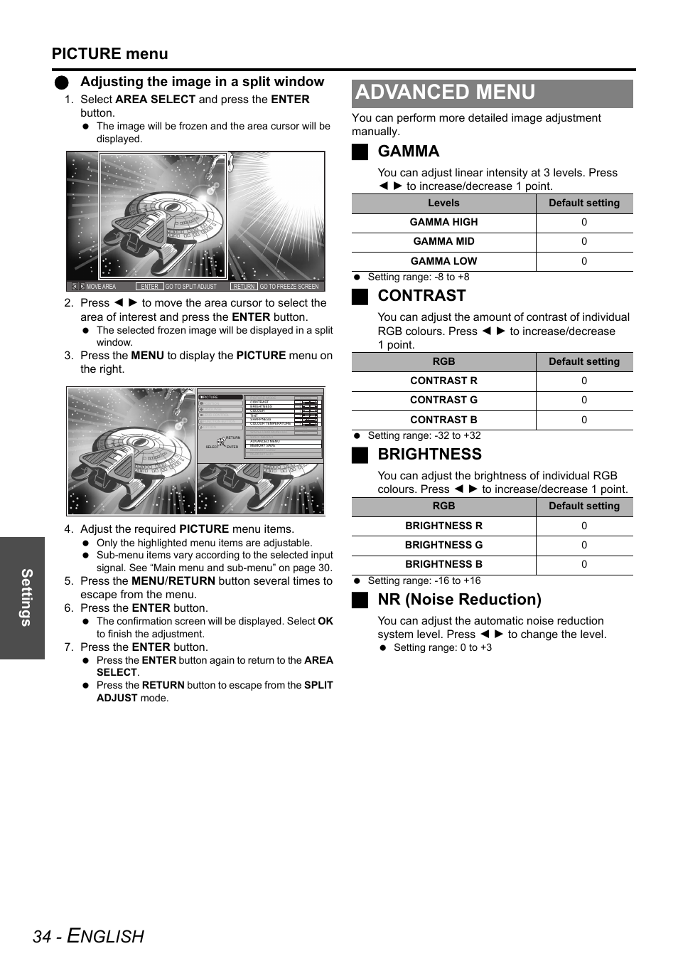 Advanced menu, Nglish, Picture menu | Jgamma, Jcontrast, Jbrightness, Jnr (noise reduction), Settings, Qadjusting the image in a split window | Panasonic PT-AE3000E User Manual | Page 34 / 60