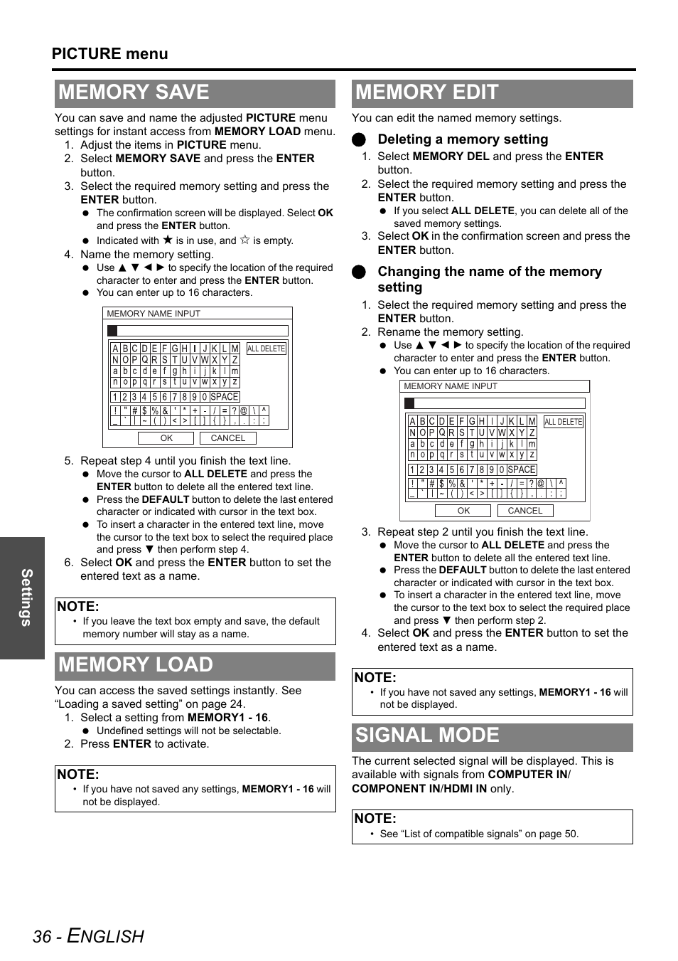 Memory save, Memory load, Memory edit | Signal mode, Memory save memory load memory edit signal mode, Nglish, Picture menu, Settings | Panasonic PT-AE3000E User Manual | Page 36 / 60